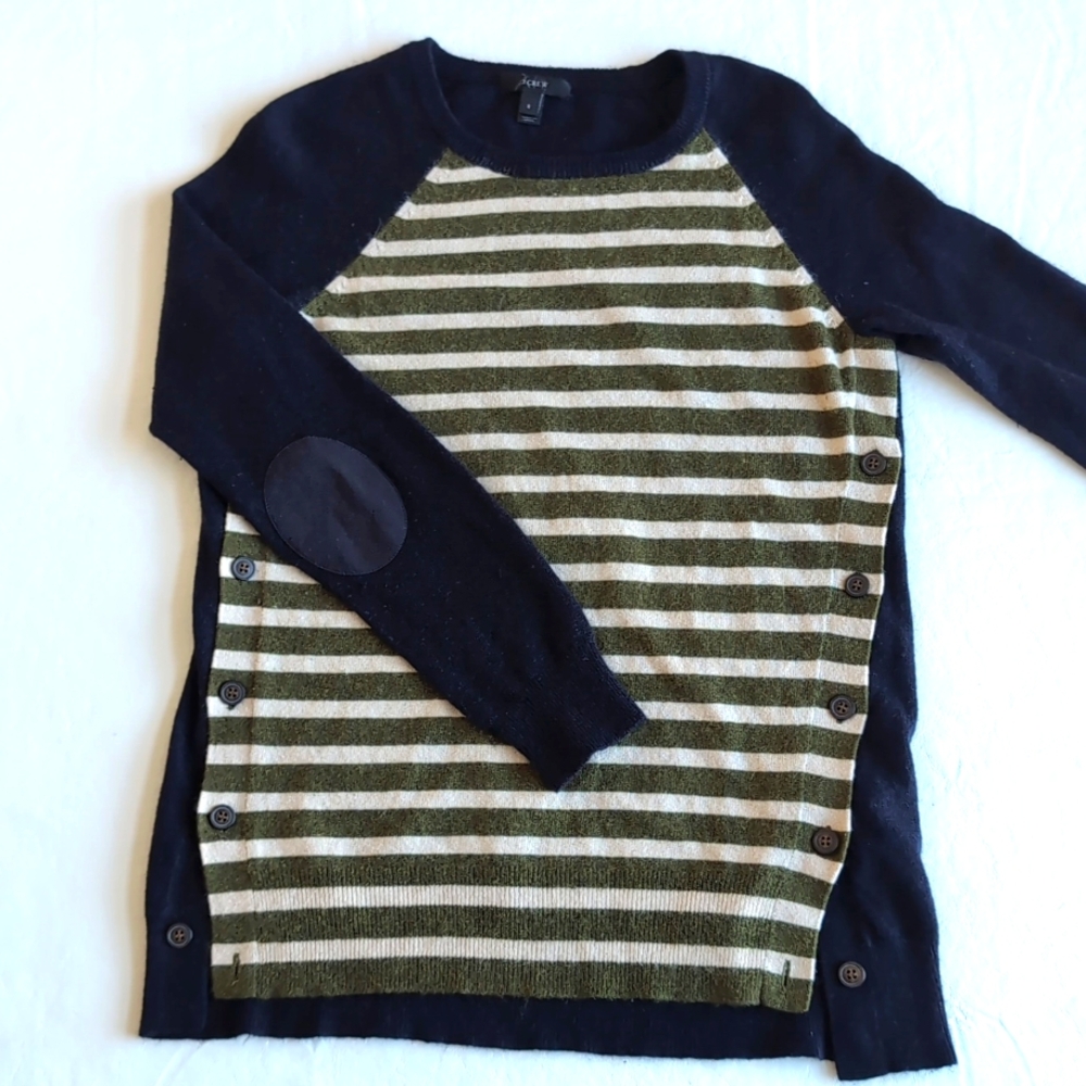 J. Crew Wool Blend Navy and Green Striped Sweater Women's Size Small